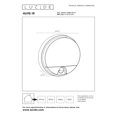 HUPS IR - Kinkiet - LED - 1x10W 3000K - IP54 - Czujnik ruchu i dzień/noc - Biały 22863/10/31 Lucide